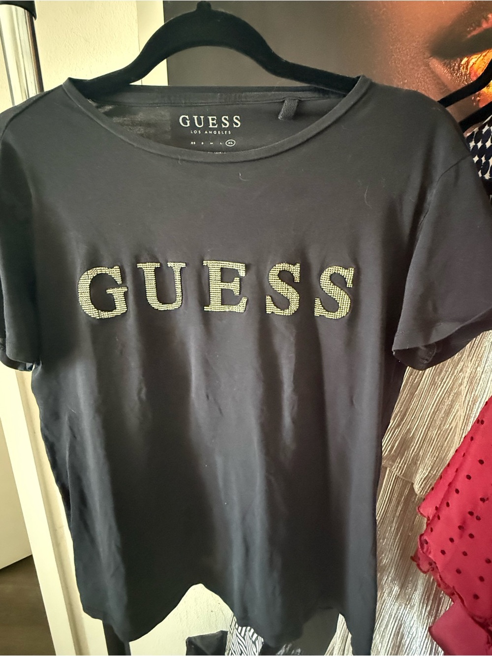 GUESS Black Tee with Gold Rhinestone Logo
